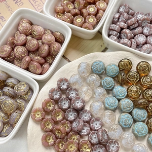Hand-painted Czech glass rose beads with gold accents for DIY jewelry necklace crafting