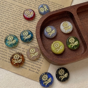 Retro sunflower engraved glass beads with gold foil accents for DIY jewelry making