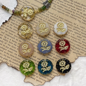 Vintage 12mm Czech style floral glass beads with gold sunflower embossing for jewelry
