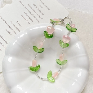 Pink tulip glass bead handmade phone charm with green leaves and metal ring clasp