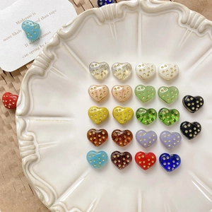 Colorful glass heart beads with vintage gold polka dots for DIY jewelry making