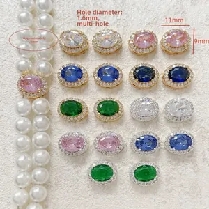 Macro detail of 11x9mm multi-hole oval spacer beads with cubic zirconia for jewelry making