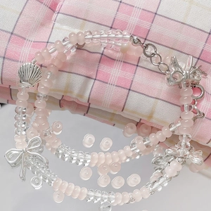 Pink matte resin and clear faceted beads double-layer bracelet with silver charms