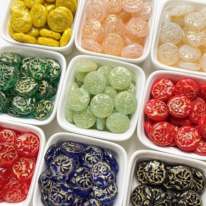 Vintage Peony Carved Glass Beads Gold Tracing Floral Relief Round Loose Beads For DIY Jewelry Making Necklace Bracelet