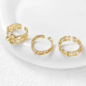Three-piece set of adjustable 14k gold-plated open rings with DIY pearl mounts