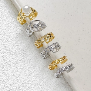 Adjustable 14k gold-plated open ring set with hollow geometric designs and white pearl detail