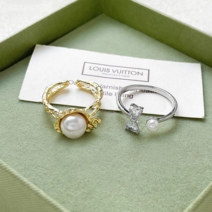 Elegant 18k gold lava texture pearl ring and silver zircon bow adjustable ring