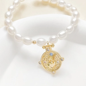 18k gold plated pearl bracelet with vintage angel heart coin pendant and zircon stones