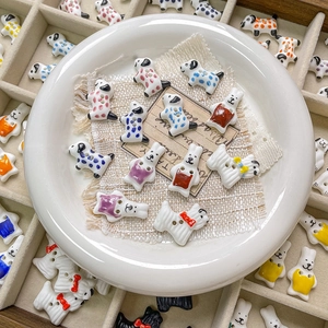 Hand-painted ceramic rabbit and dog beads with two holes for DIY jewelry making