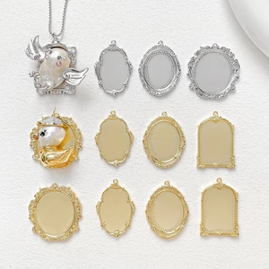 18K Gold Plated Copper Baroque Photo Frame Pendant Base For DIY Necklace Jewelry Making Vintage Embossed Empty Tray Findings