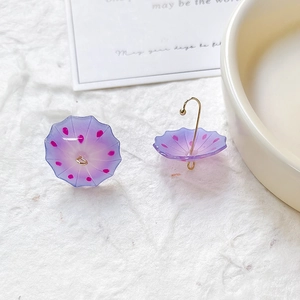 Detailed view of handmade mini umbrella earrings in purple resin with pink polka dots