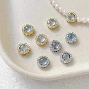 Gold-plated round sea blue charm bead with zircon pave for DIY jewelry making