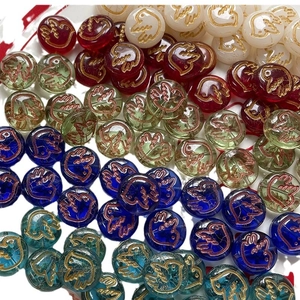 Flat round Czech glass beads with hand-painted bird motifs for DIY jewelry making
