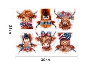Detailansicht von Highland Cow Stickern mit US-Flaggen-Elementen, Größe 23x30cm auf Weiß