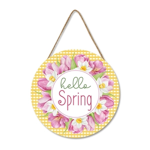Close-up of hello Spring wooden sign with pink tulips and a rustic twine hanger