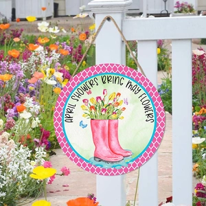 Round Wooden Spring Welcome Door Sign Pastoral Floral Hummingbird Rain Boots Wall Hanging Decor For Home Garden Porch