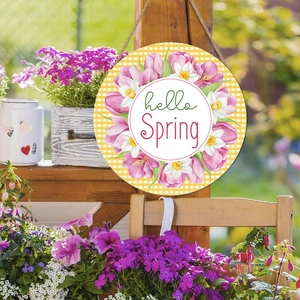 Floral wooden hello Spring welcome sign with yellow plaid background and tulip illustration