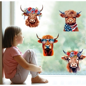 Fensteraufkleber mit Highland-Cow-Motiv und US-Flagge für die Dekoration am 4. Juli