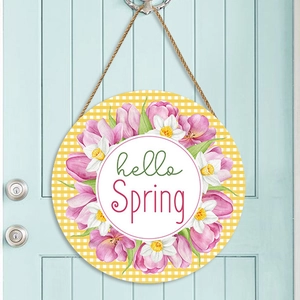 Round wooden Welcome Spring door sign with pink tulips and hello spring floral design