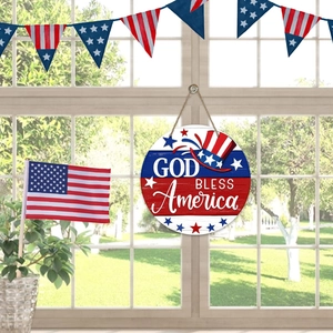God Bless America round wooden welcome door sign with American flag and top hat design