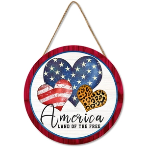 Wooden America Land of the Free door sign with US flag heart patterns and hanging rope
