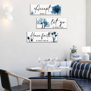 Three-piece farmhouse floral wall art set with blue botanical prints and motivational quotes