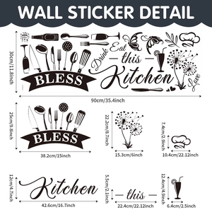 Detailed dimensions of PVC kitchen wall stickers with cutlery and chef hat motifs