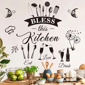 PVC Waterproof Kitchen Wall Stickers Bless This Kitchen Art Decal Removable Utensils Mushroom Tile Decor For Restaurant