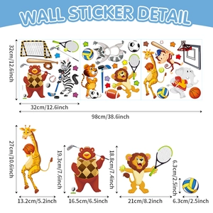 Detailed size specifications for cartoon animal sports wall stickers with giraffe and lion