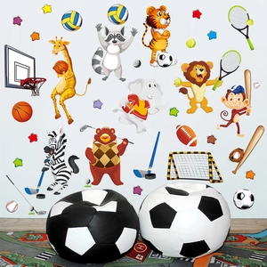 Cartoon sports animal wall decals for kids room with giraffe and zebra stickers