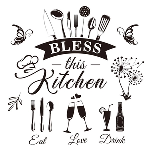 Black PVC self-adhesive kitchen wall stickers with cutlery and Bless this Kitchen slogan
