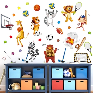 Cartoon Sports Animal Wall Stickers For Kids Room PVC Giraffe Soccer Basketball Decals Nursery Playroom Wall Decor