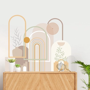 Vinilos decorativos Boho Morandi con arcos geométricos y arte solar para decorar el salón