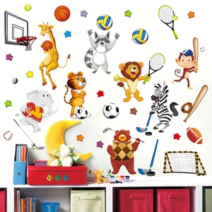 Cartoon animals sports wall decals for kids room with giraffe tiger and football posters