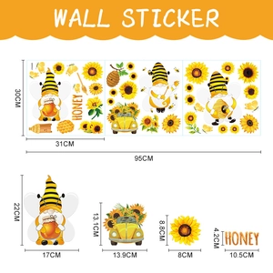 Detail showing dimensions of bee and sunflower wall stickers with gnomes and car motifs