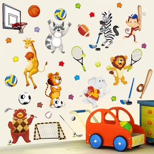 Cartoon animals sports wall stickers featuring giraffe and tiger for kids room decor