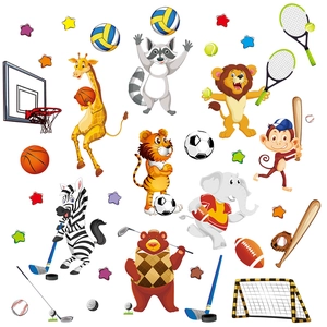 Cartoon animals sports wall decals with giraffe and lion for kids bedroom decoration