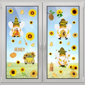 Sunflower and bee window stickers with cute cartoon gnomes and honey jar decals