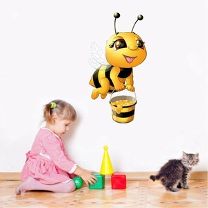 Cartoon honey bee wall sticker with bucket for kids room window and bedroom decor