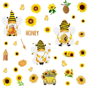 Bee and sunflower themed self-adhesive wall stickers with gnomes and yellow retro car