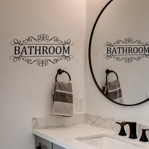 Modern vinyl bathroom sign wall sticker with elegant vintage scroll design in black finish