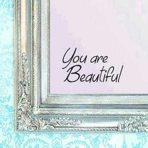 Elegant You are Beautiful mirror wall decal with black cursive handwriting for bathroom decor