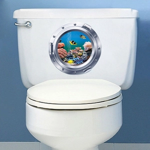 3D ocean world toilet sticker with submarine porthole design and colorful tropical fish