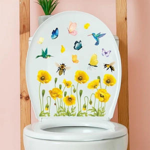 Toilettendeckel-Sticker mit gelben Mohnblumen, Schmetterlingen und Kolibris auf weißem Deckel