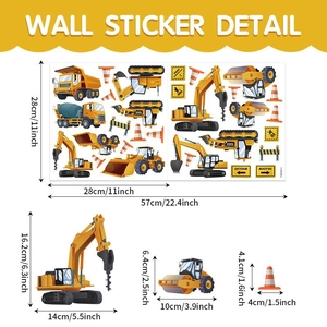 Construction site wall stickers for boys bedroom featuring yellow excavators and trucks
