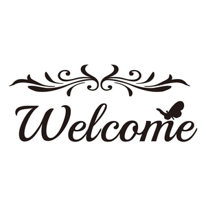 Minimalist black PVC Welcome wall decal with elegant floral patterns and butterfly accent