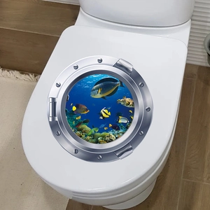 3D ocean world submarine porthole toilet seat sticker with tropical fish and coral