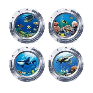 3D ocean world toilet stickers set featuring fish and turtles in silver porthole frames