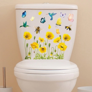 Gelb Sonnenblume Mohn Blume Toilettenaufkleber Wasserdicht PVC Badezimmer Wandtattoo Selbstklebend Heim Dekorative Aufkleber