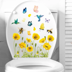 WC-Sitz Aufkleber mit gelben Mohnblumen, Kolibris und Schmetterlingen Wanddekoration